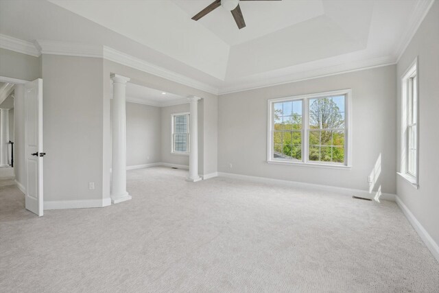 1840 Tapadera Dr, Ann Arbor, MI 48103 - spare room with light colored carpet, healthy amount of natural light, ceiling fan, a raised ceiling, and ornamental molding