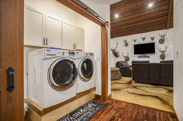 1518 M Dr S, East Leroy, MI 49051 - laundry area featuring independent washer and dryer, dark wood finished floors, wooden ceiling, and recessed lighting