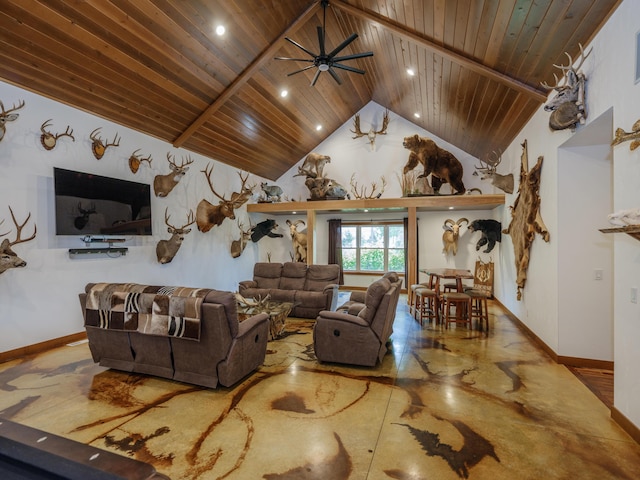 1518 M Dr S, East Leroy, MI 49051 - living room with wood ceiling, high vaulted ceiling, ceiling fan, and recessed lighting