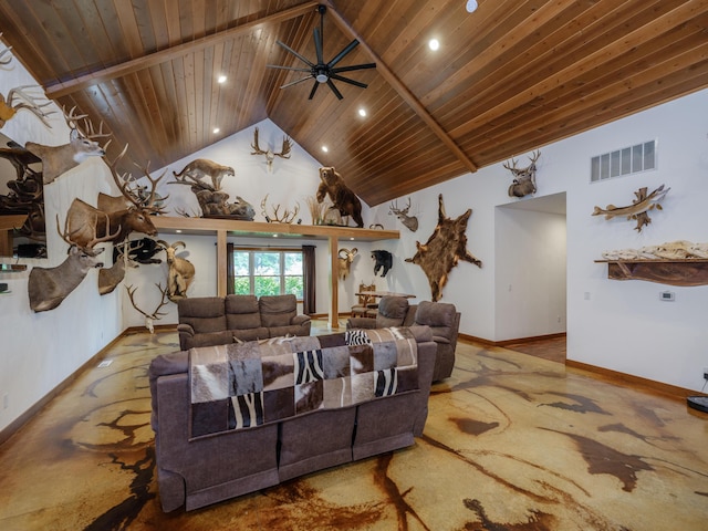 1518 M Dr S, East Leroy, MI 49051 - living area with wood ceiling, recessed lighting, high vaulted ceiling, and a ceiling fan