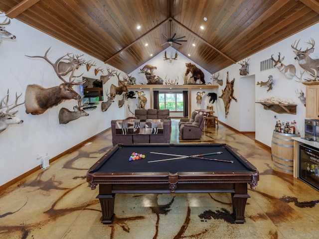 1518 M Dr S, East Leroy, MI 49051 - recreation room with wooden ceiling, vaulted ceiling, billiards, recessed lighting, and ceiling fan