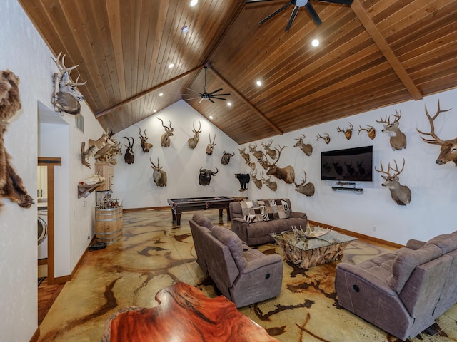 1518 M Dr S, East Leroy, MI 49051 - living room featuring a ceiling fan, wood ceiling, billiards table, recessed lighting, and washer / clothes dryer