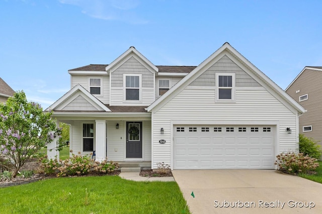 view of front of property featuring driveway, a front lawn, a garage, a porch, and roof with shingles