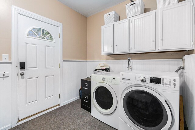 13195 Rainbow Dr, Gregory, MI 48137 - clothes washing area with cabinet space, washer and clothes dryer, a wainscoted wall, and carpet