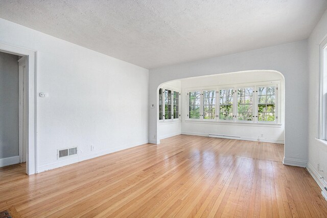 7566 Red Arrow Hwy, Stevensville, MI 49127 - spare room featuring light wood-style floors, arched walkways, baseboards, and baseboard heating