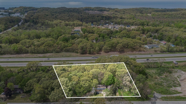 7566 Red Arrow Hwy, Stevensville, MI 49127 - aerial view of property and surrounding area featuring a forest and property boundaries highlighted