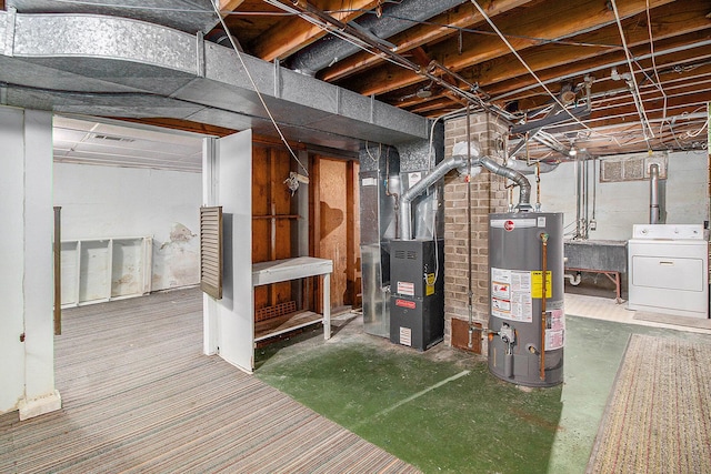 unfinished below grade area featuring washer / dryer, water heater, heating unit, and a sink