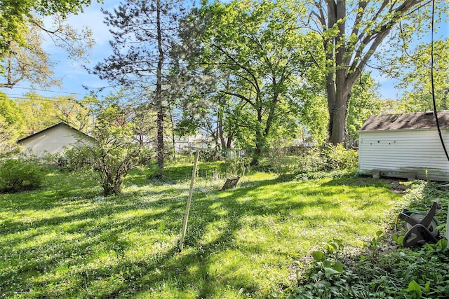 view of green lawn with an outdoor structure