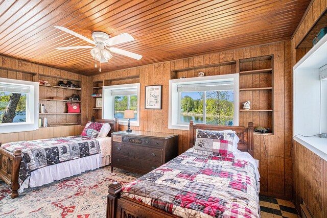 8700 E Napier Ave, Benton Harbor, MI 49022 - bedroom featuring wooden walls, wooden ceiling, a baseboard heating unit, and a ceiling fan