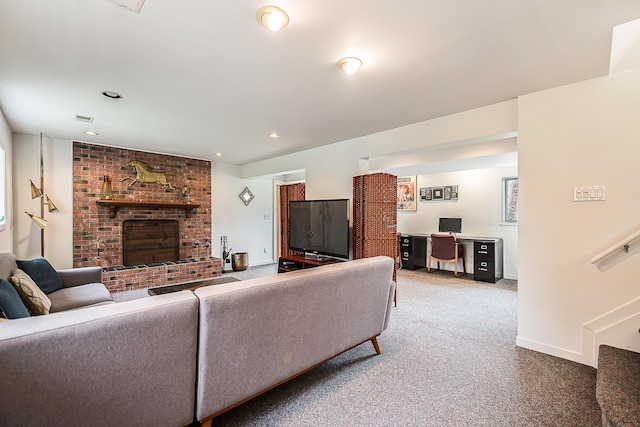 2277 W Huron River Dr, Ann Arbor, MI 48103 - living room featuring a desk, carpet, a fireplace, recessed lighting, and baseboards