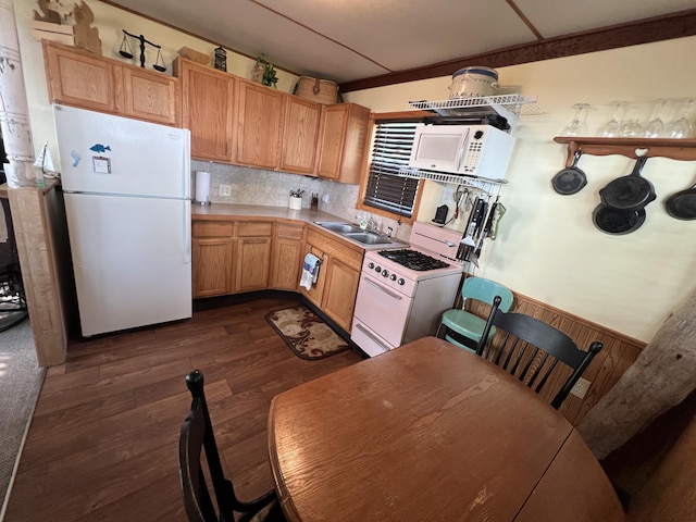 6439 E Sugar Grove Rd, Fountain, MI 49410 - kitchen with white appliances, a sink, dark wood-type flooring, tasteful backsplash, and light countertops
