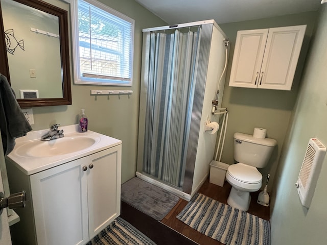 6439 E Sugar Grove Rd, Fountain, MI 49410 - full bathroom featuring a shower stall, toilet, vanity, and wood finished floors