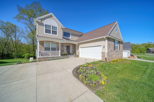 10478 River Edge Rd, Saline, MI 48176 - view of front of house featuring covered porch, brick siding, concrete driveway, and an attached garage