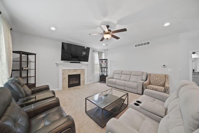 10478 River Edge Rd, Saline, MI 48176 - living room featuring a ceiling fan, light carpet, recessed lighting, and a fireplace