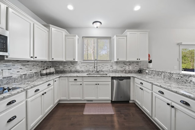 10478 River Edge Rd, Saline, MI 48176 - kitchen with a sink, appliances with stainless steel finishes, white cabinetry, dark wood-style flooring, and backsplash