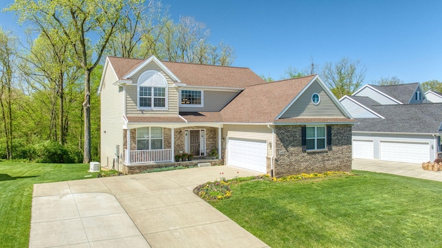 10478 River Edge Rd, Saline, MI 48176 - traditional-style home featuring covered porch, a front yard, concrete driveway, a garage, and brick siding