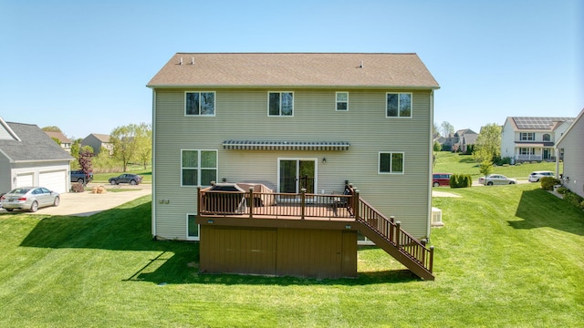 10478 River Edge Rd, Saline, MI 48176 - rear view of property with a wooden deck, a lawn, stairway, and a detached garage