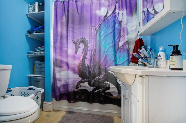 404 Oak St, Dowagiac, MI 49047 - full bath featuring toilet, vanity, and a shower with curtain