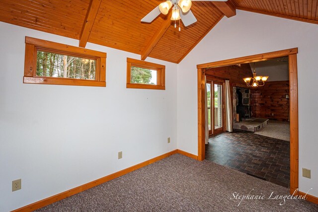 16913 Penny Ave NE, Sand Lake, MI 49343 - spare room with wood ceiling, carpet, baseboards, a ceiling fan, and a chandelier