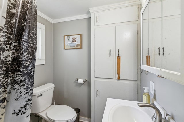 full bath with a sink, crown molding, toilet, and baseboards