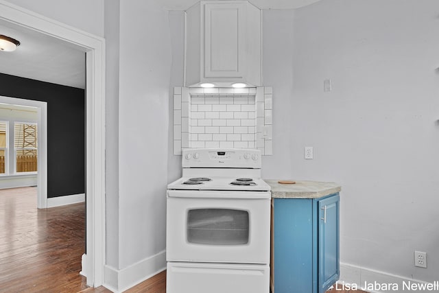 205 N Franklin St, Greenville, MI 48838 - kitchen featuring electric stove, blue cabinets, baseboards, wood finished floors, and light countertops