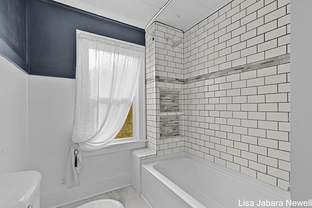 205 N Franklin St, Greenville, MI 48838 - bathroom featuring toilet, a tub to relax in, a shower, marble finish flooring, and baseboards