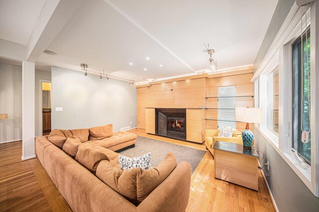 1410 N Folkstone Ct, Ann Arbor, MI 48105 - living room featuring wood finished floors, baseboards, and rail lighting