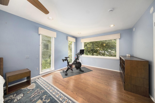 1410 N Folkstone Ct, Ann Arbor, MI 48105 - exercise area featuring wood finished floors, recessed lighting, and baseboards
