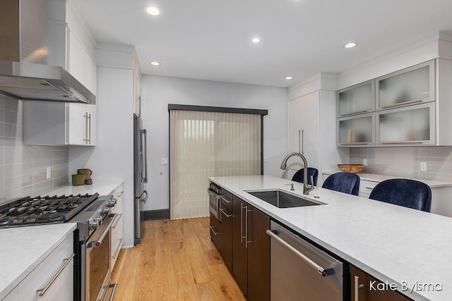 657 Greenslate Dr SE, Ada, MI 49301 - kitchen featuring wall chimney exhaust hood, premium appliances, a sink, light countertops, and light wood finished floors