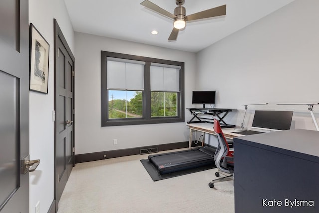657 Greenslate Dr SE, Ada, MI 49301 - office area featuring ceiling fan, recessed lighting, light colored carpet, and baseboards