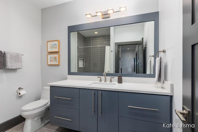 657 Greenslate Dr SE, Ada, MI 49301 - bathroom with toilet, vanity, tile patterned flooring, curtained shower, and baseboards