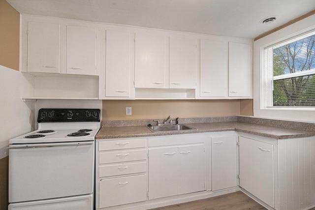 2335 Holmes Rd, Ypsilanti, MI 48198 - kitchen with white electric range, a sink, open shelves, and white cabinetry