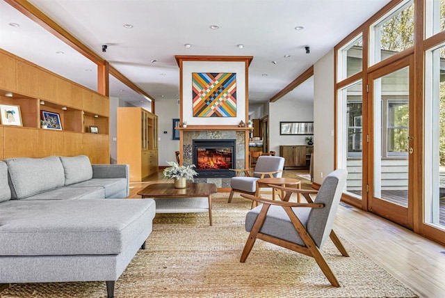6800 Harbert Rd, Harbert, MI 49115 - living area with light wood-style flooring, a glass covered fireplace, and recessed lighting