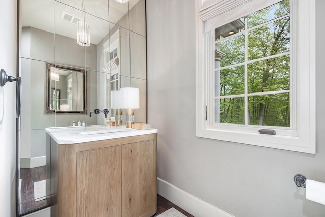 4850 Catamount Trl NE, Ada, MI 49301 - bathroom with baseboards, vanity, healthy amount of natural light, and wood finished floors