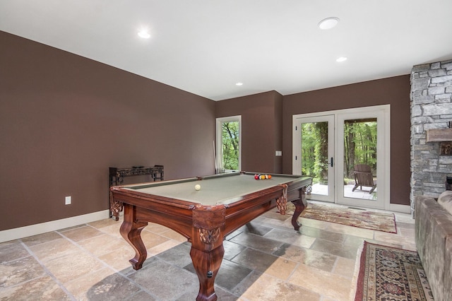 4850 Catamount Trl NE, Ada, MI 49301 - recreation room with stone tile flooring, baseboards, billiards, and recessed lighting