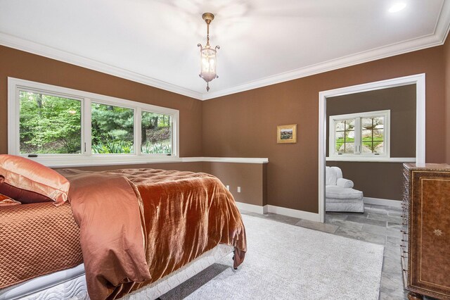 4850 Catamount Trl NE, Ada, MI 49301 - bedroom featuring baseboards, crown molding, and stone tile floors