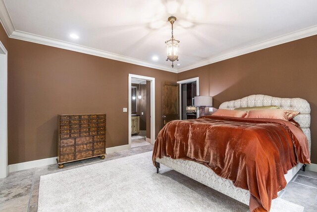 4850 Catamount Trl NE, Ada, MI 49301 - bedroom with crown molding, baseboards, connected bathroom, and recessed lighting