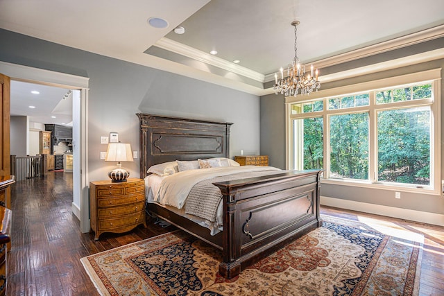 4850 Catamount Trl NE, Ada, MI 49301 - bedroom with ornamental molding, dark wood finished floors, a chandelier, baseboards, and a tray ceiling