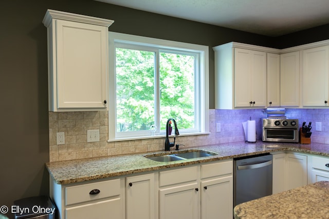16894 Arbor Way Dr, Nunica, MI 49448 - kitchen with a sink, stainless steel dishwasher, white cabinetry, and decorative backsplash