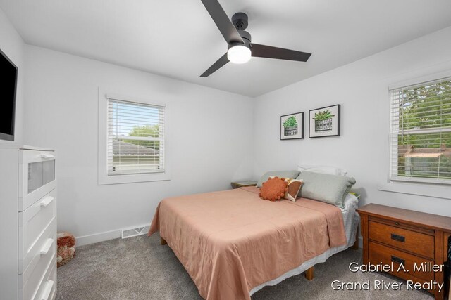 bedroom featuring multiple windows, a ceiling fan, carpet floors, and baseboards
