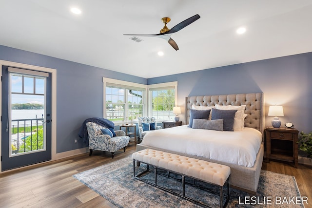833 Allen Dr, Holland, MI 49423 - bedroom featuring wood finished floors, recessed lighting, a ceiling fan, access to exterior, and baseboards