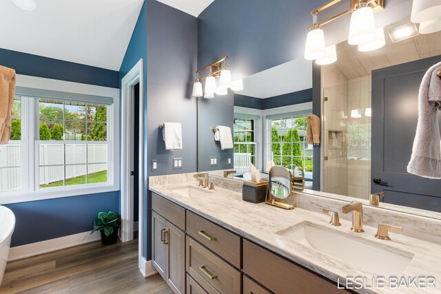833 Allen Dr, Holland, MI 49423 - bathroom featuring tiled shower, wood finished floors, lofted ceiling, double vanity, and baseboards