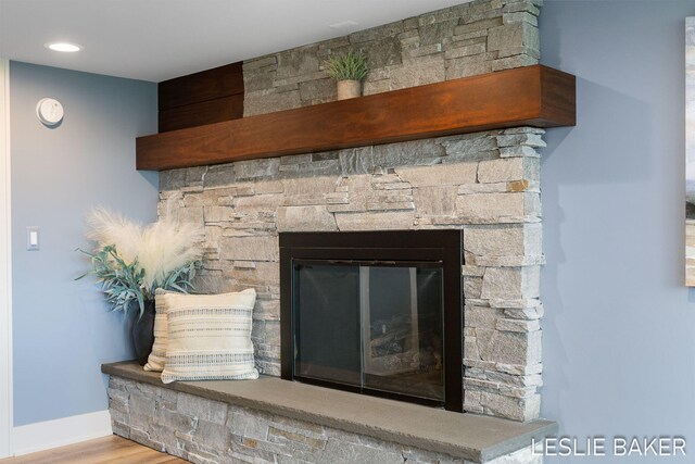 833 Allen Dr, Holland, MI 49423 - detailed view of a stone fireplace, wood finished floors, and baseboards