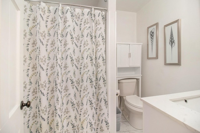 620 N Lakeshore Dr, Ludington, MI 49431 - full bathroom with marble look tile flooring, toilet, a shower with curtain, and vanity