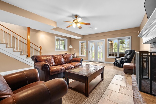 46132 86th Ave, Decatur, MI 49045 - living room featuring a fireplace, ceiling fan, plenty of natural light, baseboards, and recessed lighting