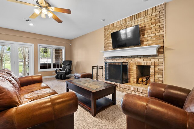 46132 86th Ave, Decatur, MI 49045 - living area with carpet floors, ceiling fan, a fireplace, and recessed lighting