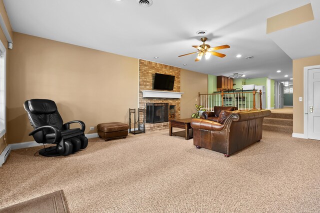 46132 86th Ave, Decatur, MI 49045 - living room featuring light colored carpet, a brick fireplace, ceiling fan, baseboards, and recessed lighting