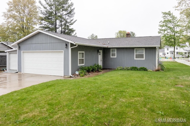 8220 Indian Shores Dr, Howard City, MI 49329 - ranch-style home with an attached garage, a front yard, concrete driveway, and a chimney