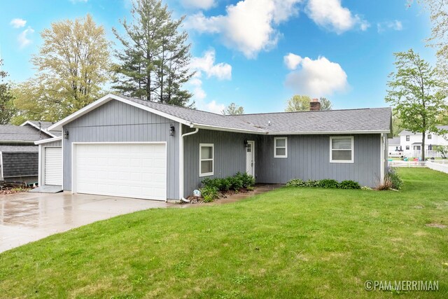 8220 Indian Shores Dr, Howard City, MI 49329 - ranch-style home featuring an attached garage, a front lawn, driveway, and a chimney