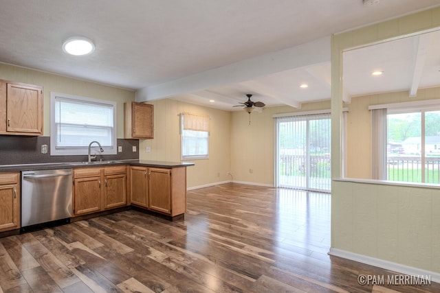 8220 Indian Shores Dr, Howard City, MI 49329 - kitchen with stainless steel dishwasher, dark wood-type flooring, dark countertops, and beamed ceiling